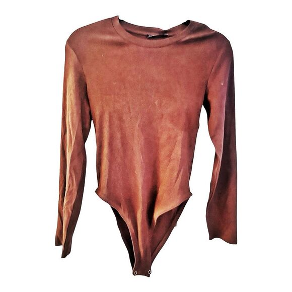 Zara Brown Ribbed Stretch Long Sleeve Bodysuit Size Large NWT - Picture 1 of 5